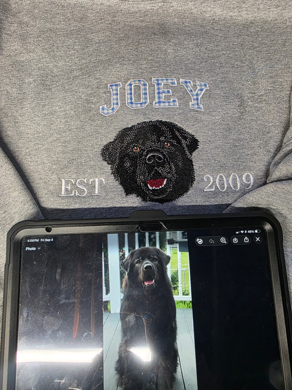 Custom Pet Embroidery Crewneck — Detailed Front